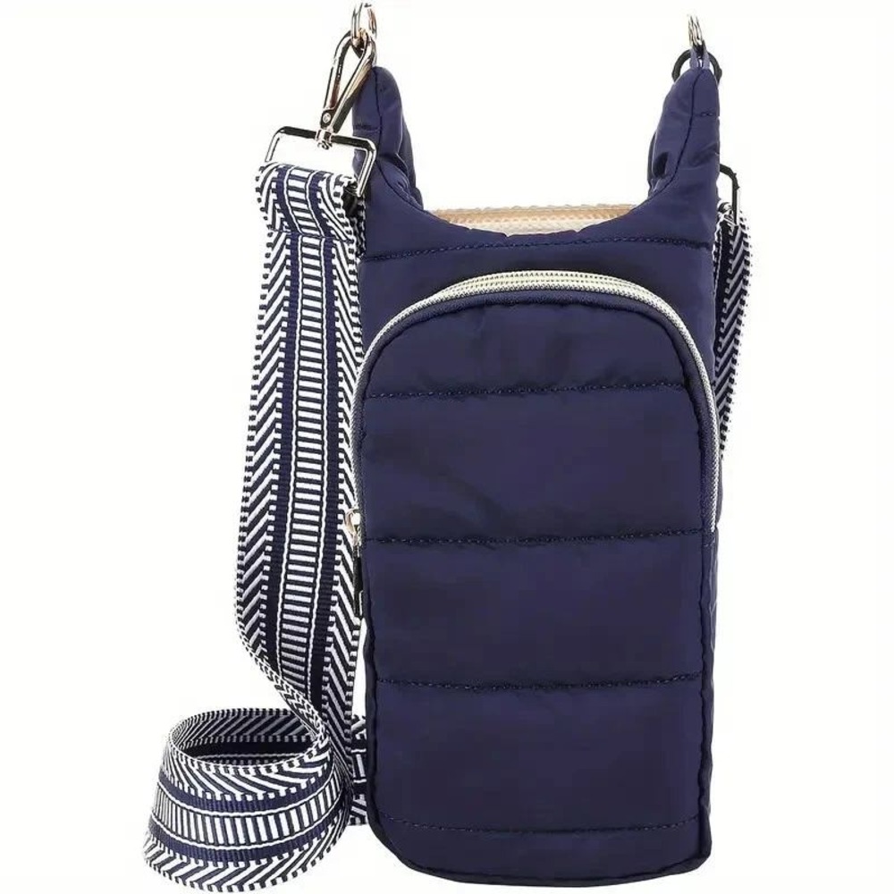 Quilted Puffer Crossbody Bag Navy Adjustable Strap Nylon for Water Bottle Phone